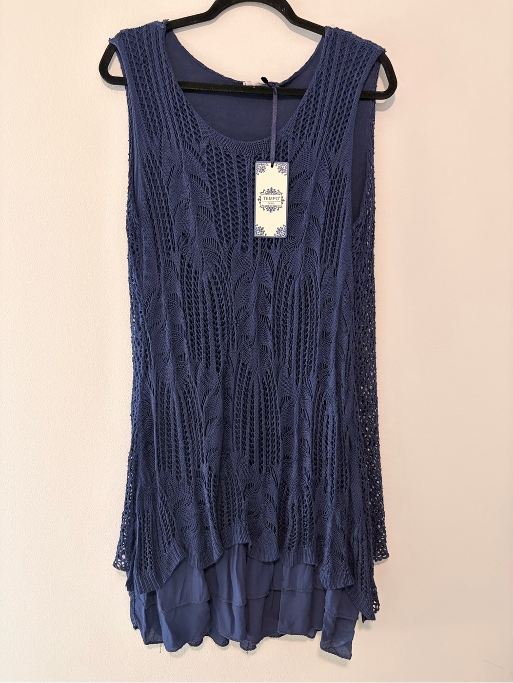 Tempo Paris XL Navy Crochet Knit Layered Tunic Dress Boho Lagenlook